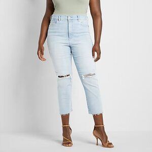 Express Super High Waisted Ripped Raw Hem Mom Jeans // 6R